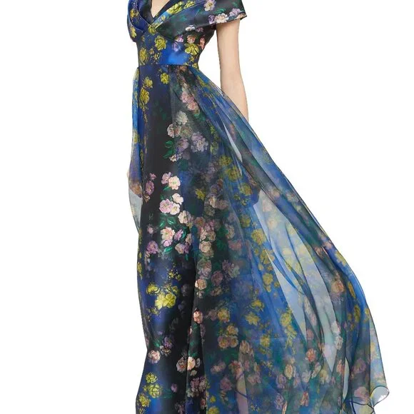 NWT Theia Nadia Draped Floral Mikado V-Neck Gown - Picture 6 of 8